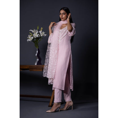 Shweta Dabas Pink Crepe Pearl Kurta with Pant and Dupatta (Set of 3)