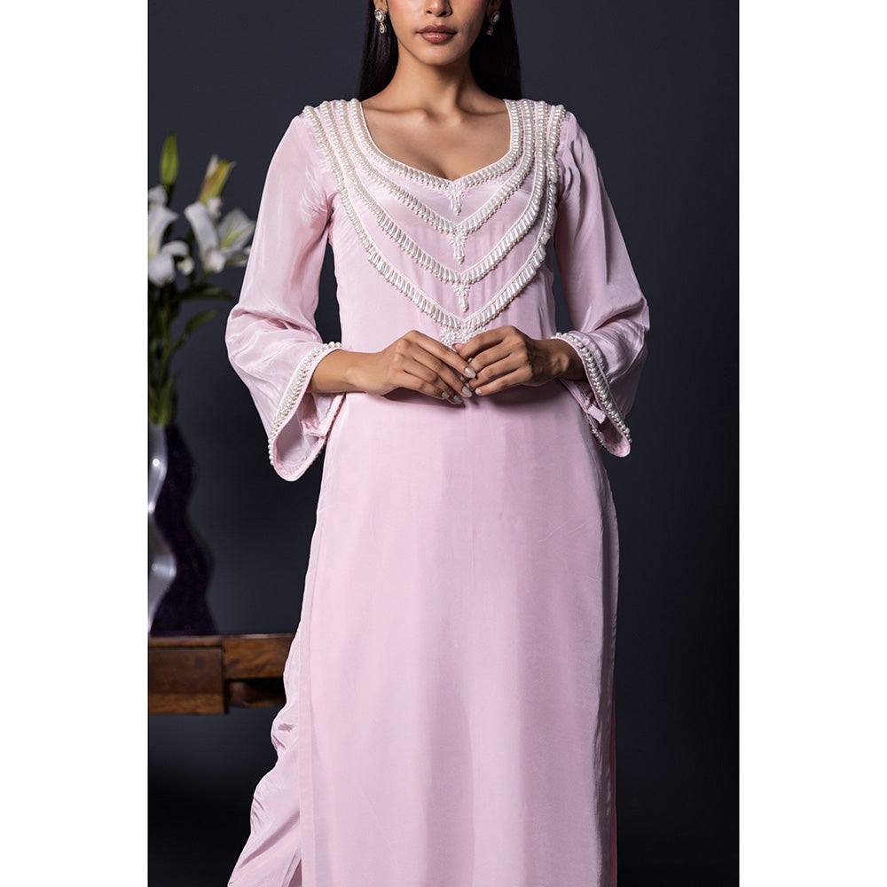 Shweta Dabas Pink Crepe Pearl Kurta with Pant and Dupatta (Set of 3)