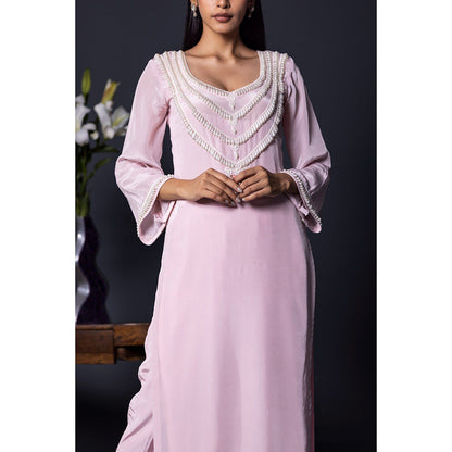 Shweta Dabas Pink Crepe Pearl Kurta with Pant and Dupatta (Set of 3)