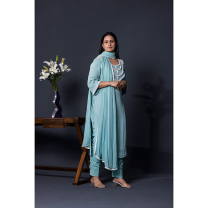 Shweta Dabas Sea Blue Pearl Kurta with Pant and Dupatta (Set of 3)