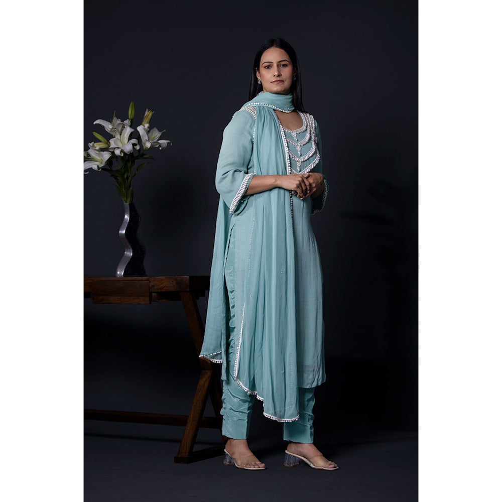 Shweta Dabas Sea Blue Pearl Kurta with Pant and Dupatta (Set of 3)