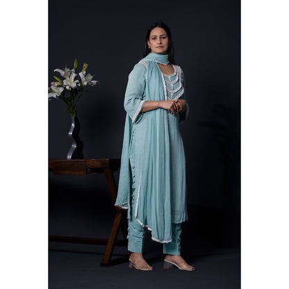 Shweta Dabas Sea Blue Pearl Kurta with Pant and Dupatta (Set of 3)