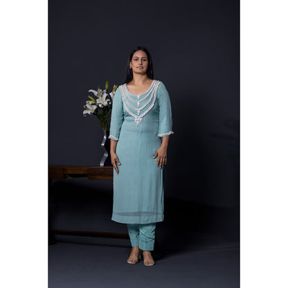 Shweta Dabas Sea Blue Pearl Kurta with Pant and Dupatta (Set of 3)