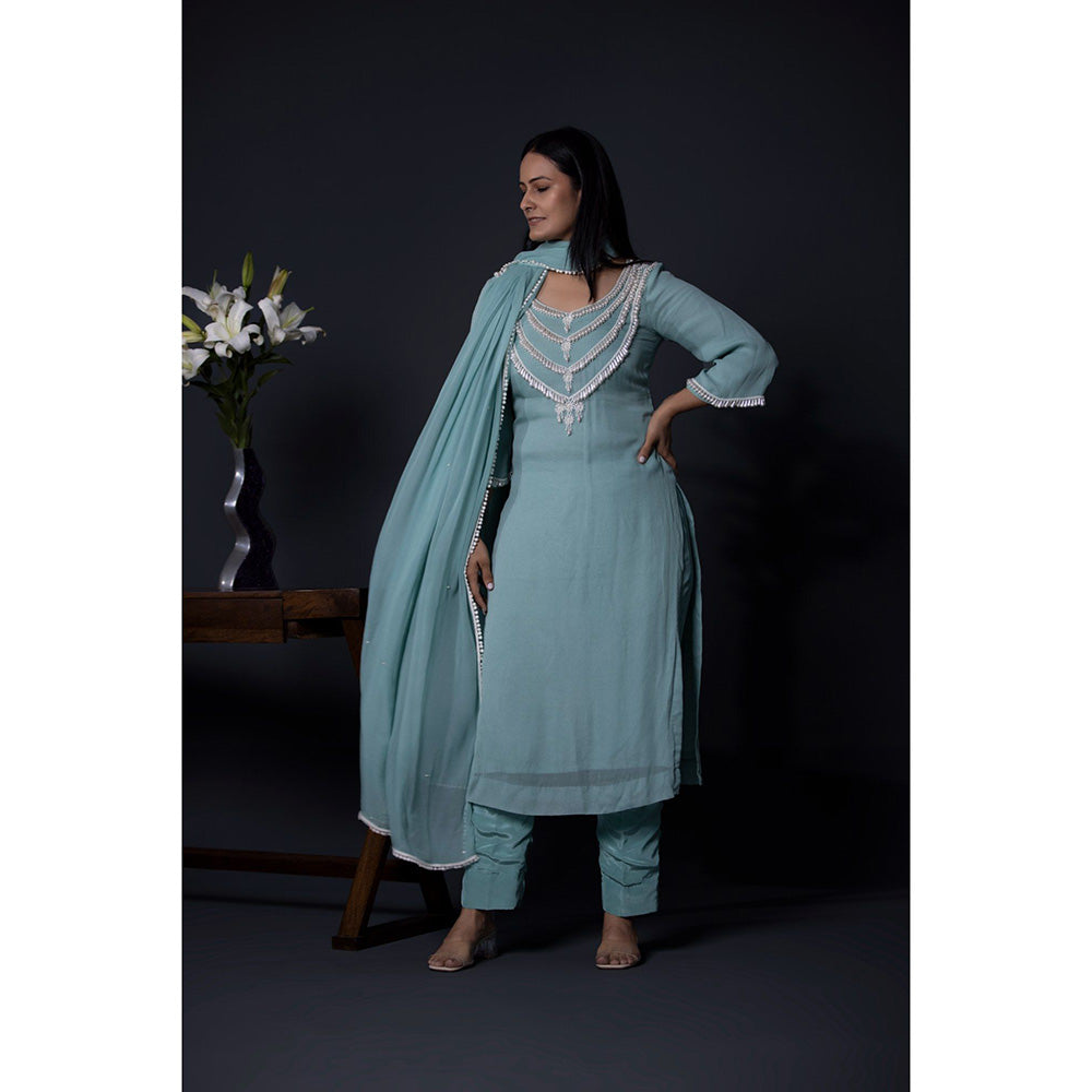 Shweta Dabas Sea Blue Pearl Kurta with Pant and Dupatta (Set of 3)
