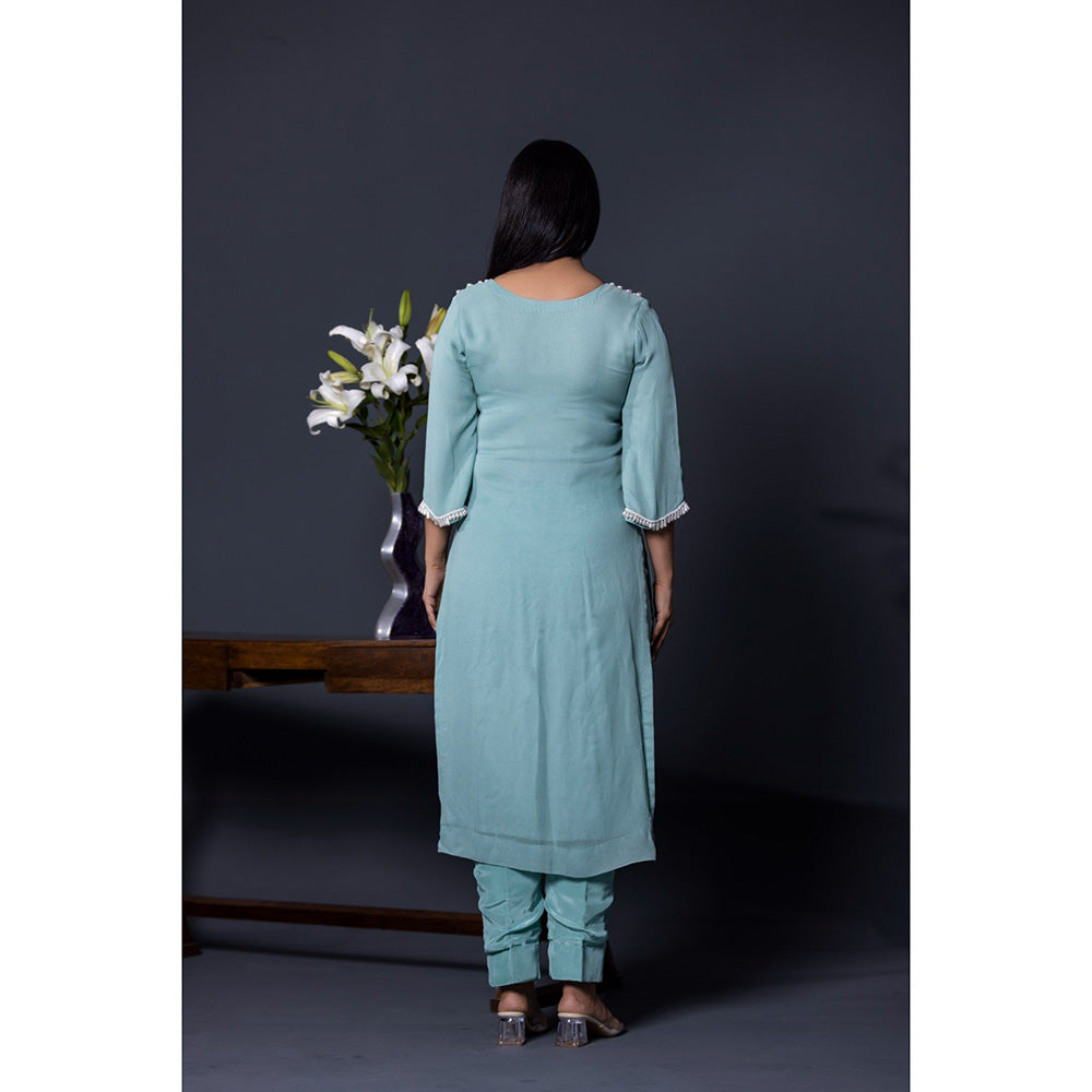 Shweta Dabas Sea Blue Pearl Kurta with Pant and Dupatta (Set of 3)