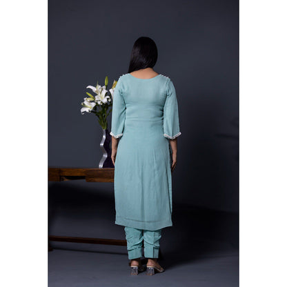 Shweta Dabas Sea Blue Pearl Kurta with Pant and Dupatta (Set of 3)