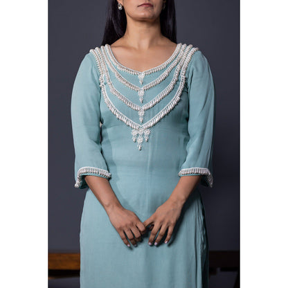 Shweta Dabas Sea Blue Pearl Kurta with Pant and Dupatta (Set of 3)
