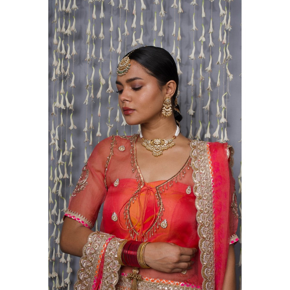 Shweta Dabas Orange Silk Lehenga with Blouse, Choli and Dupatta (Set of 4)