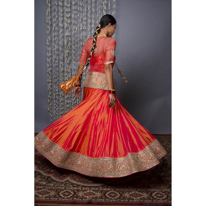 Shweta Dabas Orange Silk Lehenga with Blouse, Choli and Dupatta (Set of 4)