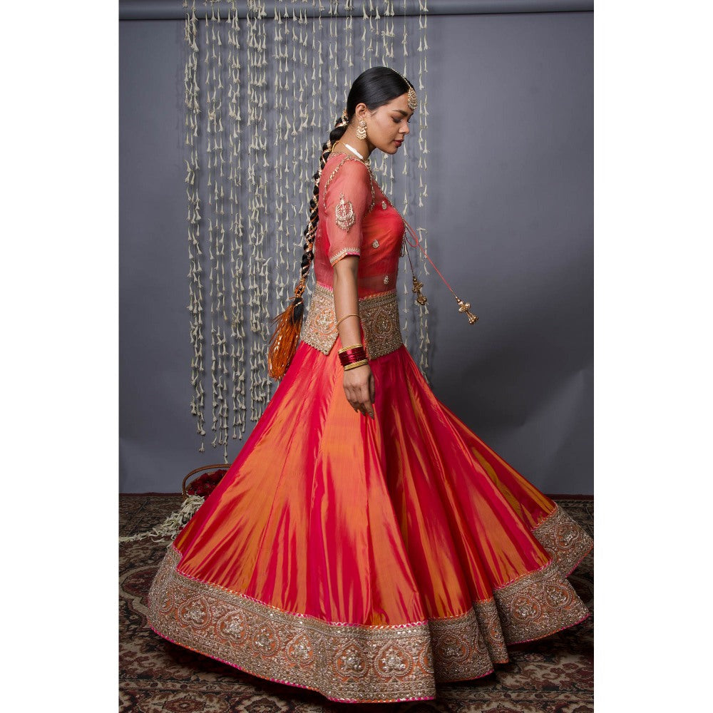 Shweta Dabas Orange Silk Lehenga with Blouse, Choli and Dupatta (Set of 4)
