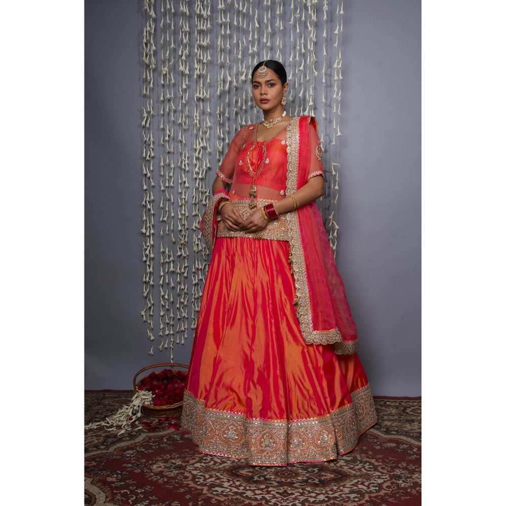 Shweta Dabas Orange Silk Lehenga with Blouse, Choli and Dupatta (Set of 4)