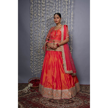 Shweta Dabas Orange Silk Lehenga with Blouse, Choli and Dupatta (Set of 4)