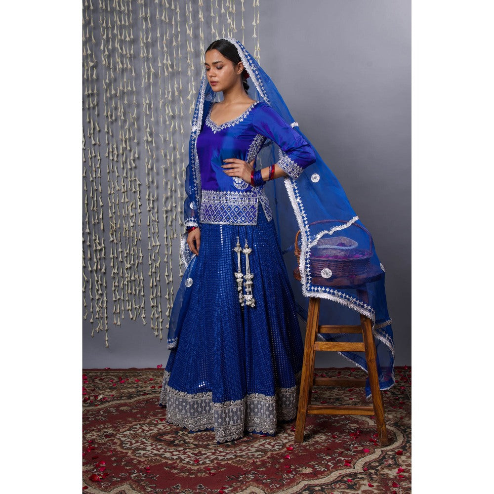 Shweta Dabas Pure Silk Blue Lehenga with Kurti and Dupatta (Set of 3)