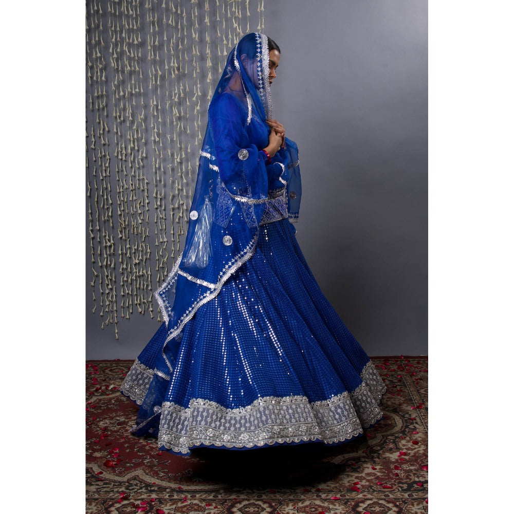 Shweta Dabas Pure Silk Blue Lehenga with Kurti and Dupatta (Set of 3)