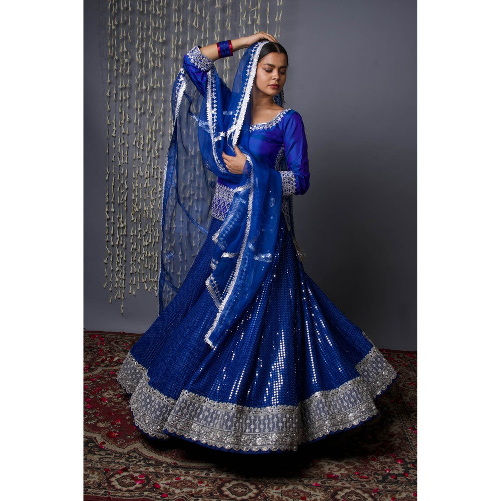 Shweta Dabas Pure Silk Blue Lehenga with Kurti and Dupatta (Set of 3)