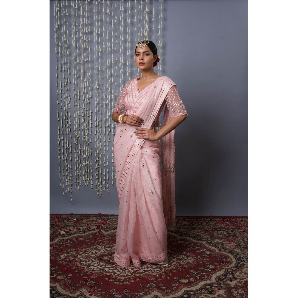 Shweta Dabas Pink Pure Silk Organza Saree with Stitched Blouse and Petticoat