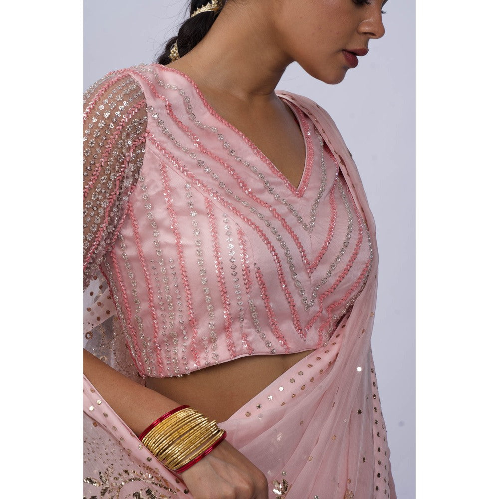 Shweta Dabas Pink Pure Silk Organza Saree with Stitched Blouse and Petticoat