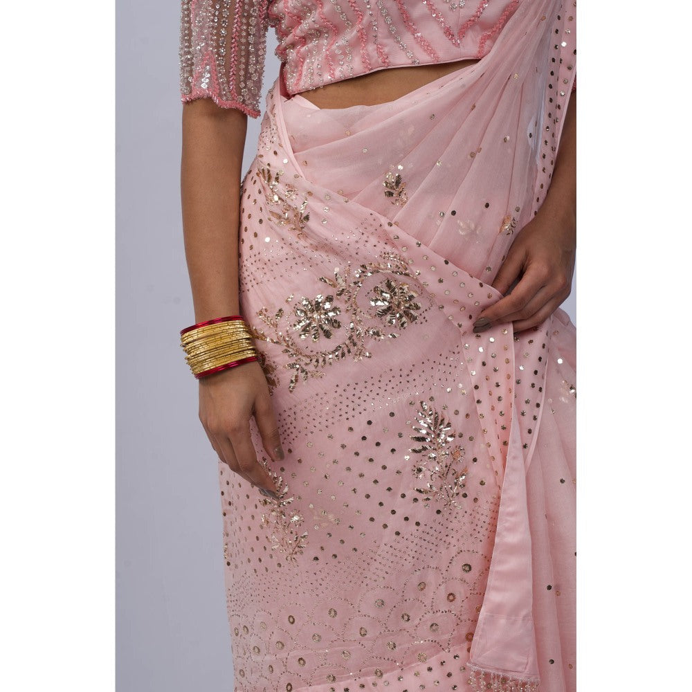 Shweta Dabas Pink Pure Silk Organza Saree with Stitched Blouse and Petticoat
