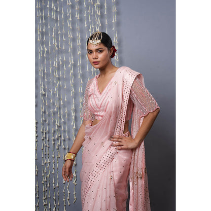 Shweta Dabas Pink Pure Silk Organza Saree with Stitched Blouse and Petticoat