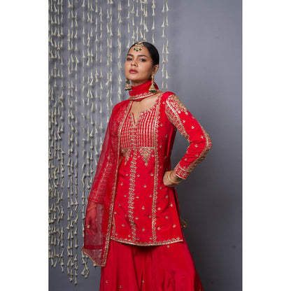 Shweta Dabas Red Sharara with Kurta and Dupatta (Set of 3)