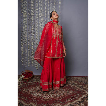 Shweta Dabas Red Sharara with Kurta and Dupatta (Set of 3)