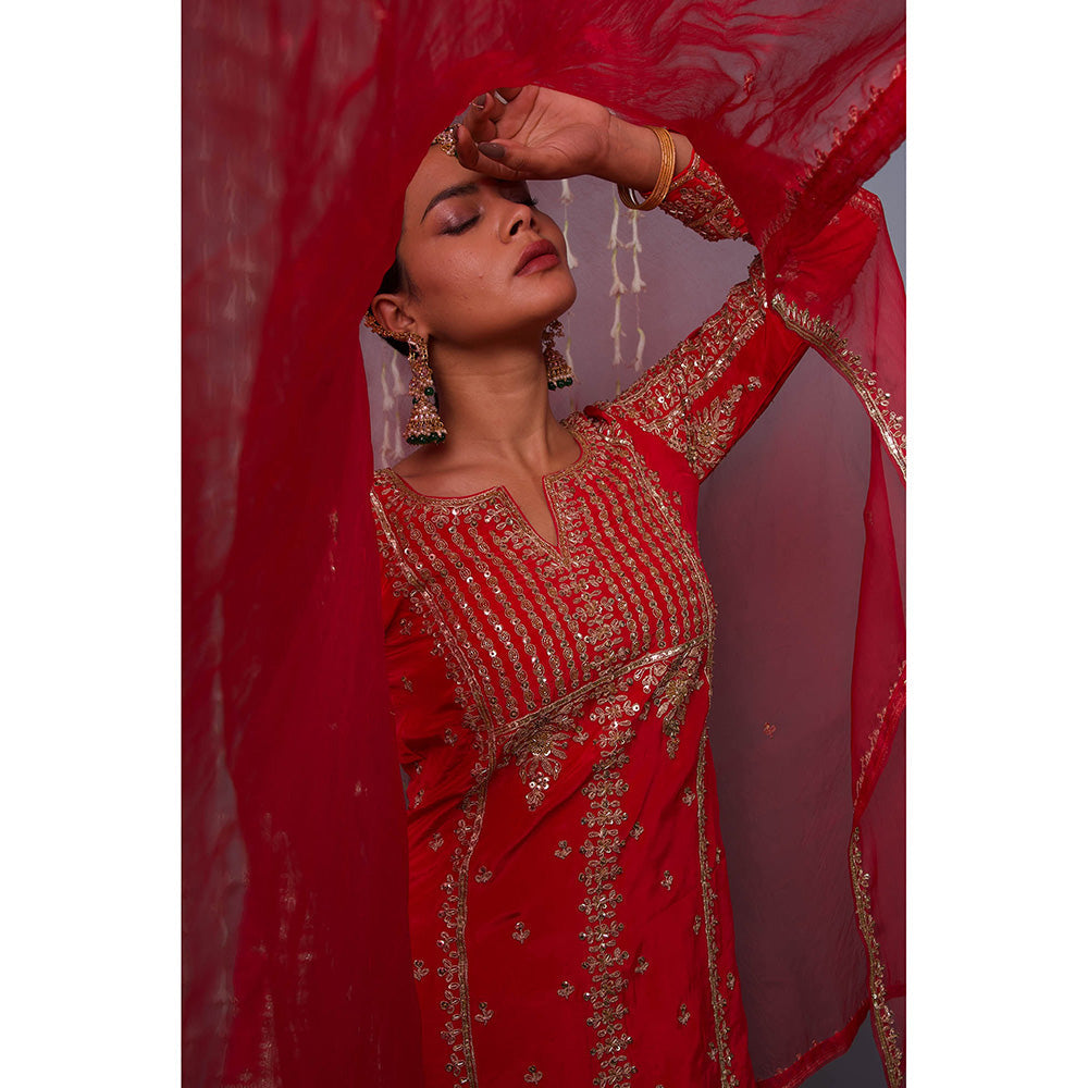 Shweta Dabas Red Sharara with Kurta and Dupatta (Set of 3)