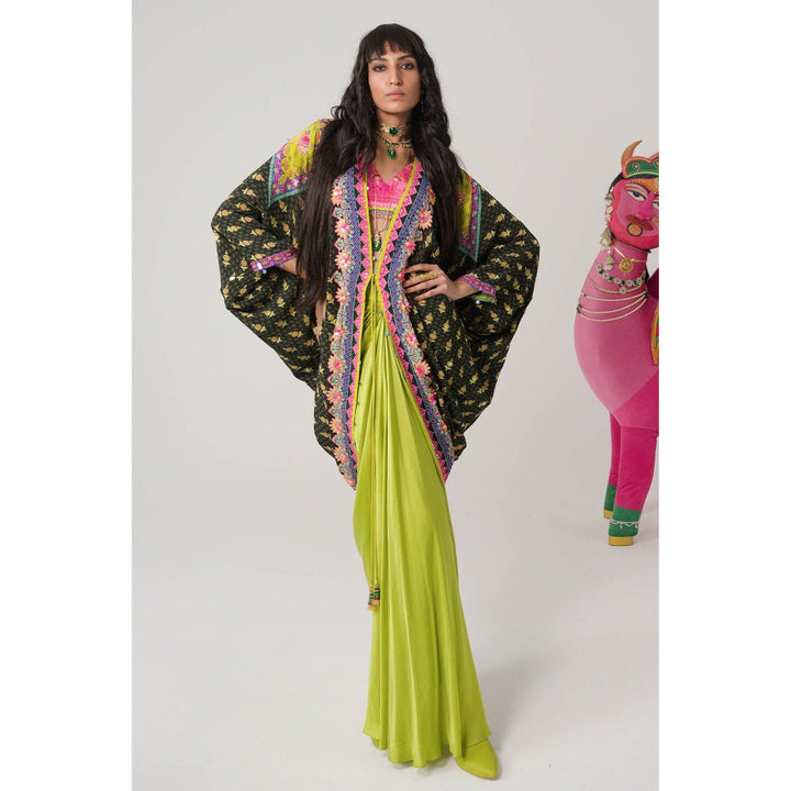 Siddhartha Bansal Olive Hand Embroidered Shrug with Blouse and Skirt (Set of 3)