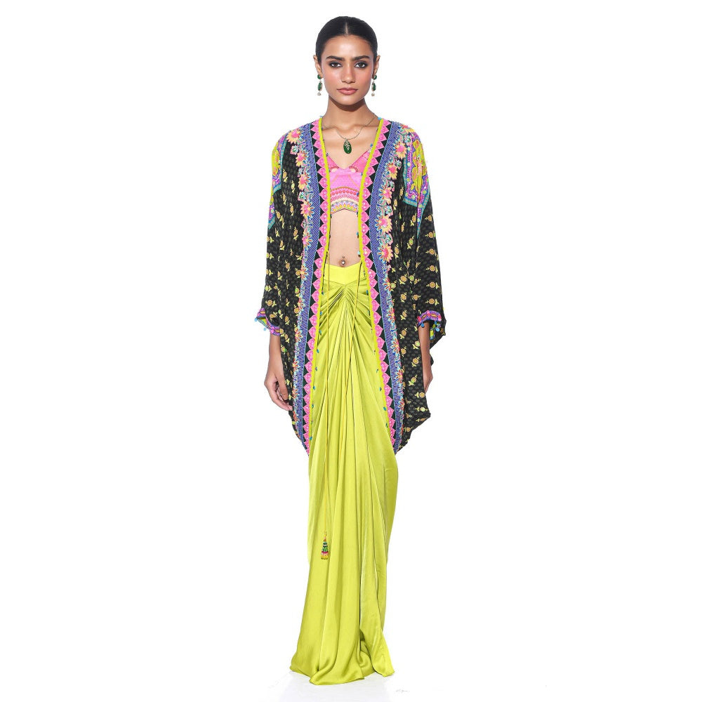 Siddhartha Bansal Olive Hand Embroidered Shrug with Blouse and Skirt (Set of 3)