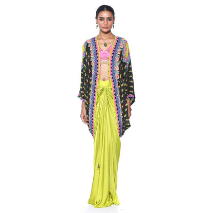 Siddhartha Bansal Olive Hand Embroidered Shrug with Blouse and Skirt (Set of 3)