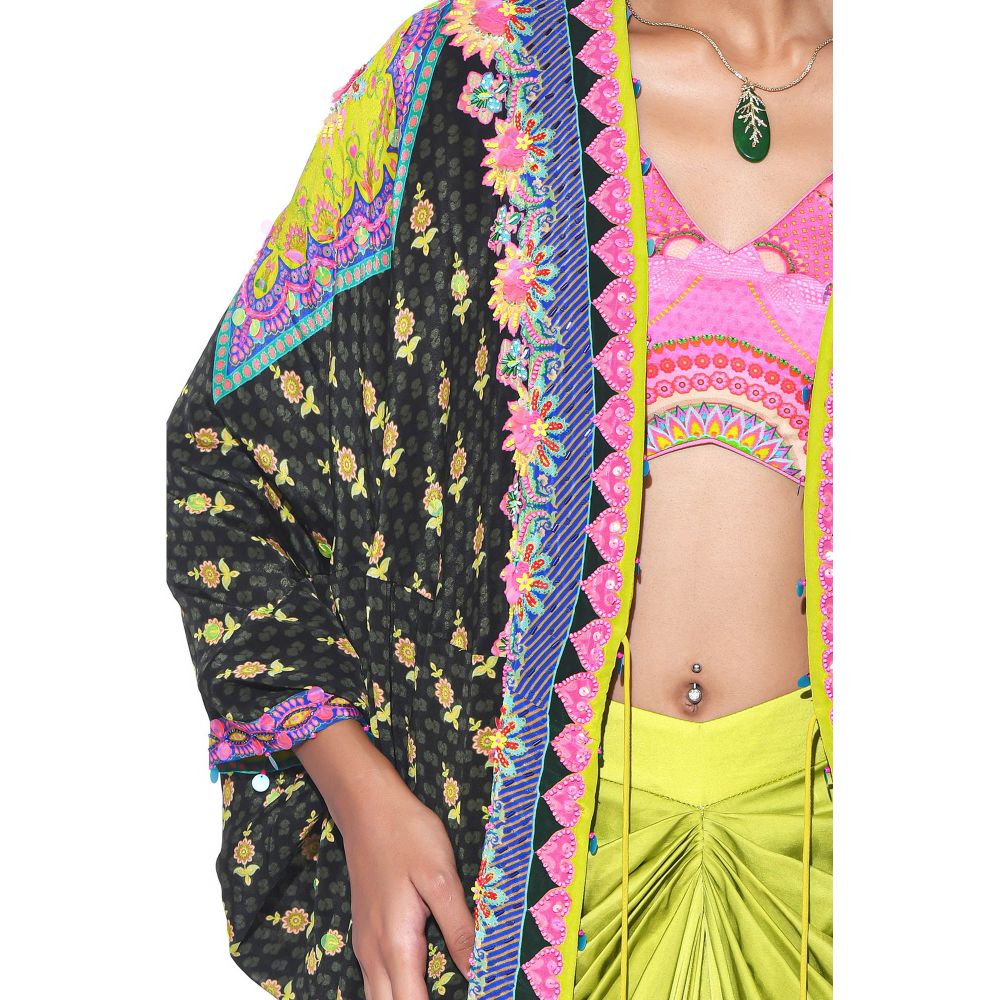 Siddhartha Bansal Olive Hand Embroidered Shrug with Blouse and Skirt (Set of 3)