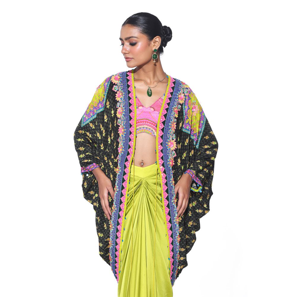 Siddhartha Bansal Olive Hand Embroidered Shrug with Blouse and Skirt (Set of 3)