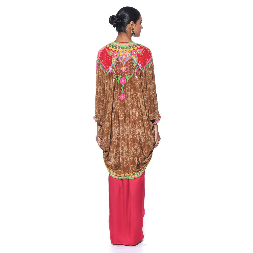 Siddhartha Bansal Earthy Brown Hand Embroidered Shrug with Blouse and Skirt (Set of 3)