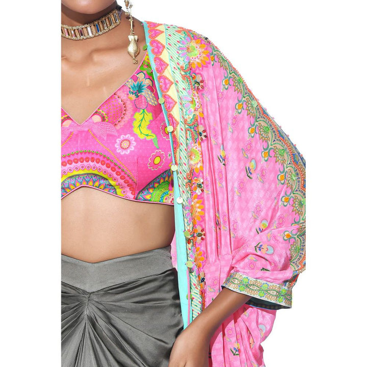 Siddhartha Bansal Garden Pink Hand Embroidered Shrug with Blouse and Skirt (Set of 3)