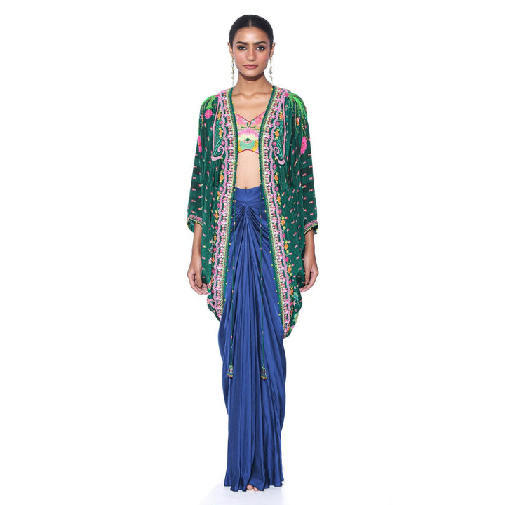 Siddhartha Bansal Emerald Hand Embroidered Shrug with Blouse and Skirt (Set of 3)