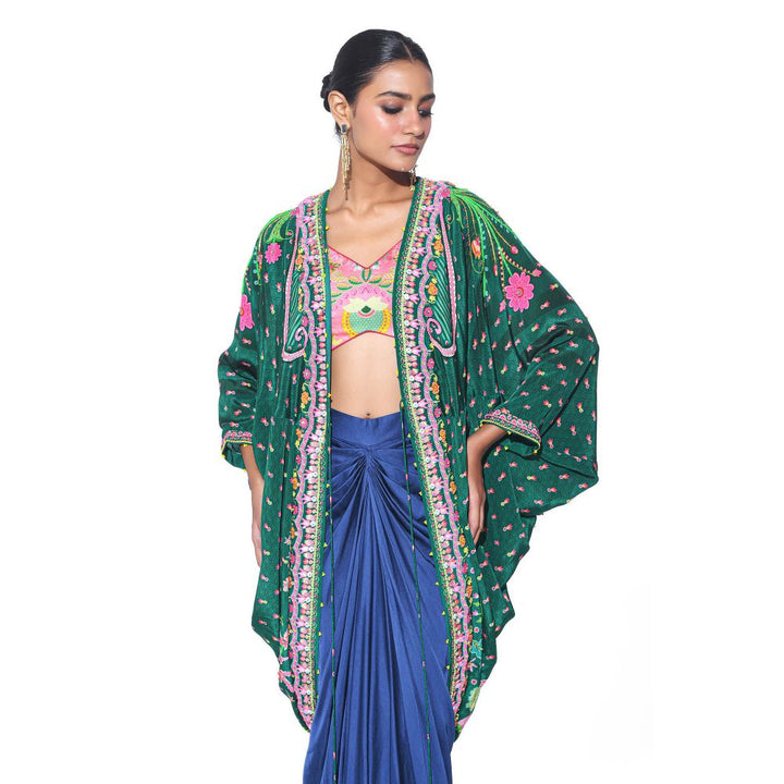 Siddhartha Bansal Emerald Hand Embroidered Shrug with Blouse and Skirt (Set of 3)