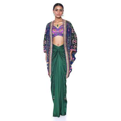 Siddhartha Bansal Oriental Blue Hand Embroidered Shrug with Blouse and Skirt (Set of 3)