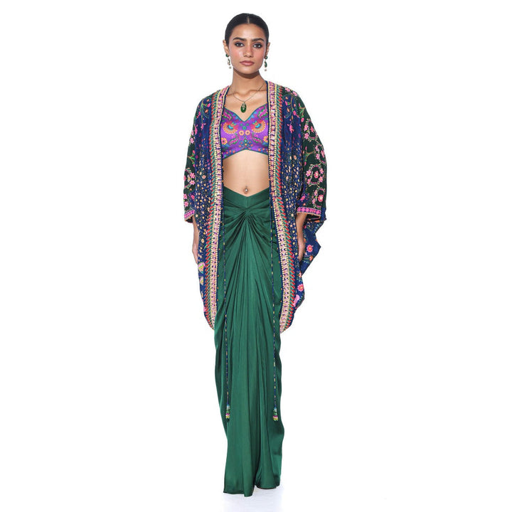 Siddhartha Bansal Oriental Blue Hand Embroidered Shrug with Blouse and Skirt (Set of 3)