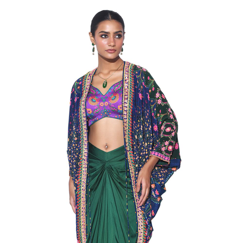 Siddhartha Bansal Oriental Blue Hand Embroidered Shrug with Blouse and Skirt (Set of 3)