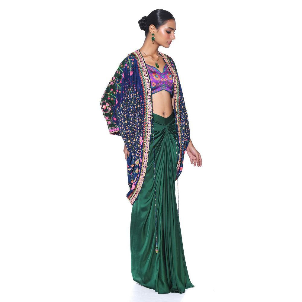 Siddhartha Bansal Oriental Blue Hand Embroidered Shrug with Blouse and Skirt (Set of 3)