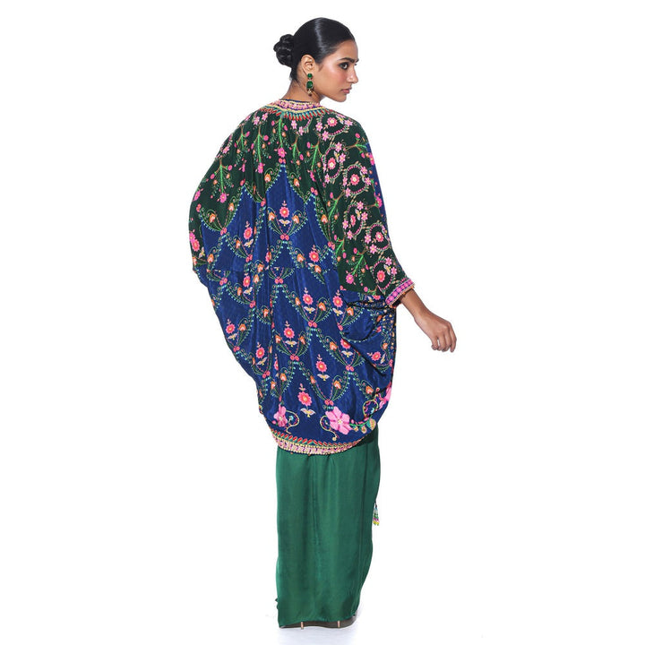 Siddhartha Bansal Oriental Blue Hand Embroidered Shrug with Blouse and Skirt (Set of 3)