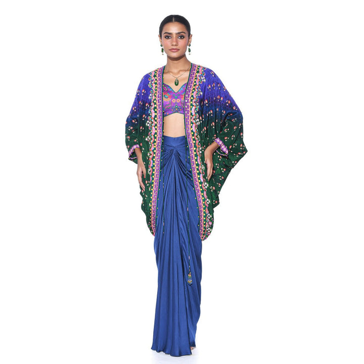 Siddhartha Bansal Blue, Green Ombre Hand Embroidered Shrug with Blouse and Skirt (Set of 3)