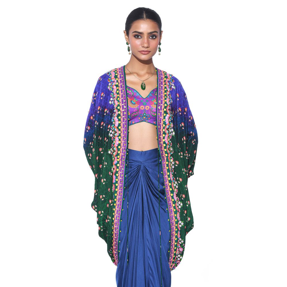 Siddhartha Bansal Blue, Green Ombre Hand Embroidered Shrug with Blouse and Skirt (Set of 3)