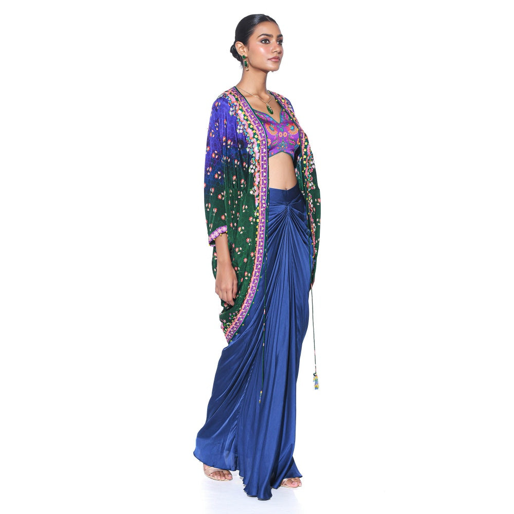 Siddhartha Bansal Blue, Green Ombre Hand Embroidered Shrug with Blouse and Skirt (Set of 3)