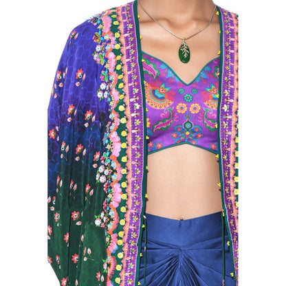 Siddhartha Bansal Blue, Green Ombre Hand Embroidered Shrug with Blouse and Skirt (Set of 3)