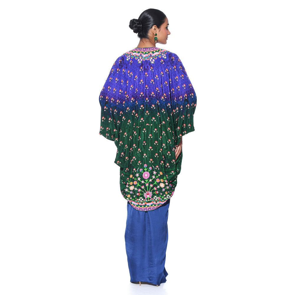 Siddhartha Bansal Blue, Green Ombre Hand Embroidered Shrug with Blouse and Skirt (Set of 3)