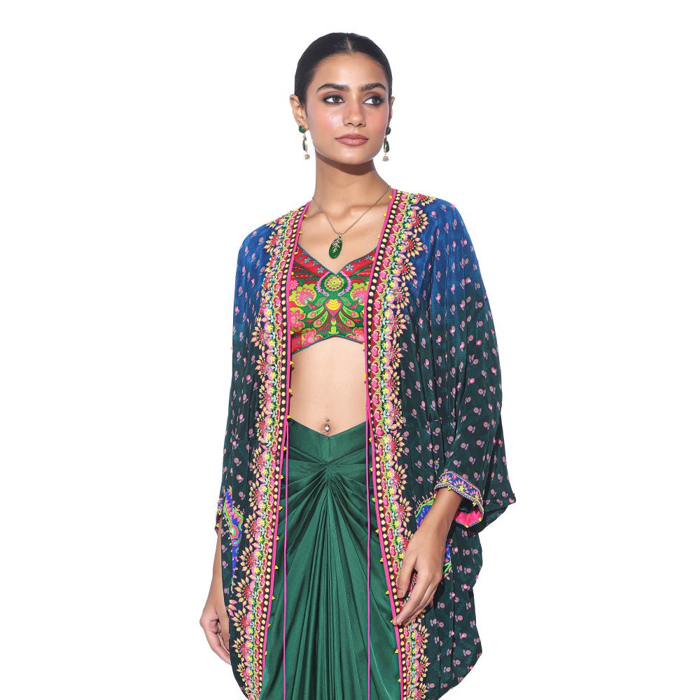 Siddhartha Bansal Ombre Oriental Blue Hand Embroidered Shrug with Blouse and Skirt (Set of 3)