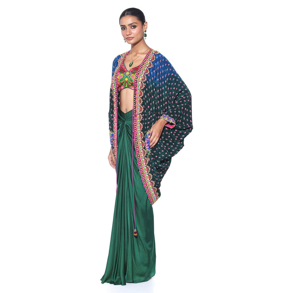 Siddhartha Bansal Ombre Oriental Blue Hand Embroidered Shrug with Blouse and Skirt (Set of 3)