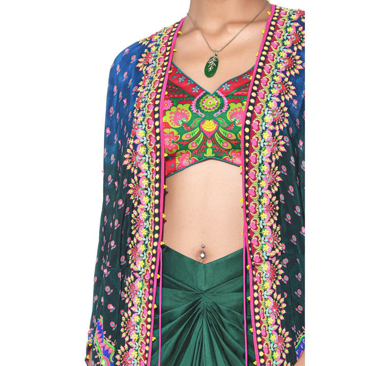 Siddhartha Bansal Ombre Oriental Blue Hand Embroidered Shrug with Blouse and Skirt (Set of 3)