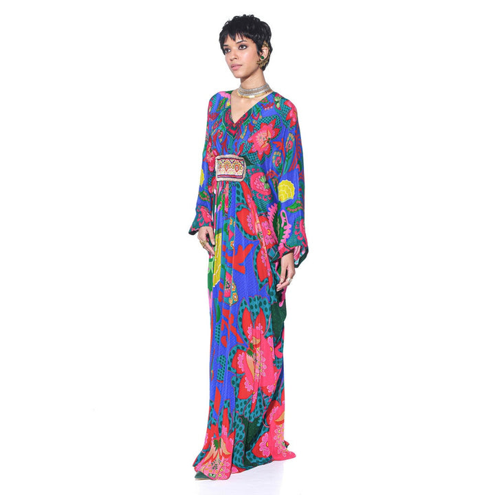 Siddhartha Bansal Electric Blue Royal Printed Belt Kaftan