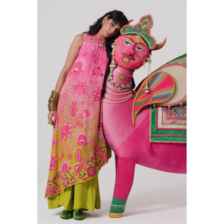 Siddhartha Bansal Pink Printed Embroidered One Shoulder Cape And Jumpsuit (Set of 2)